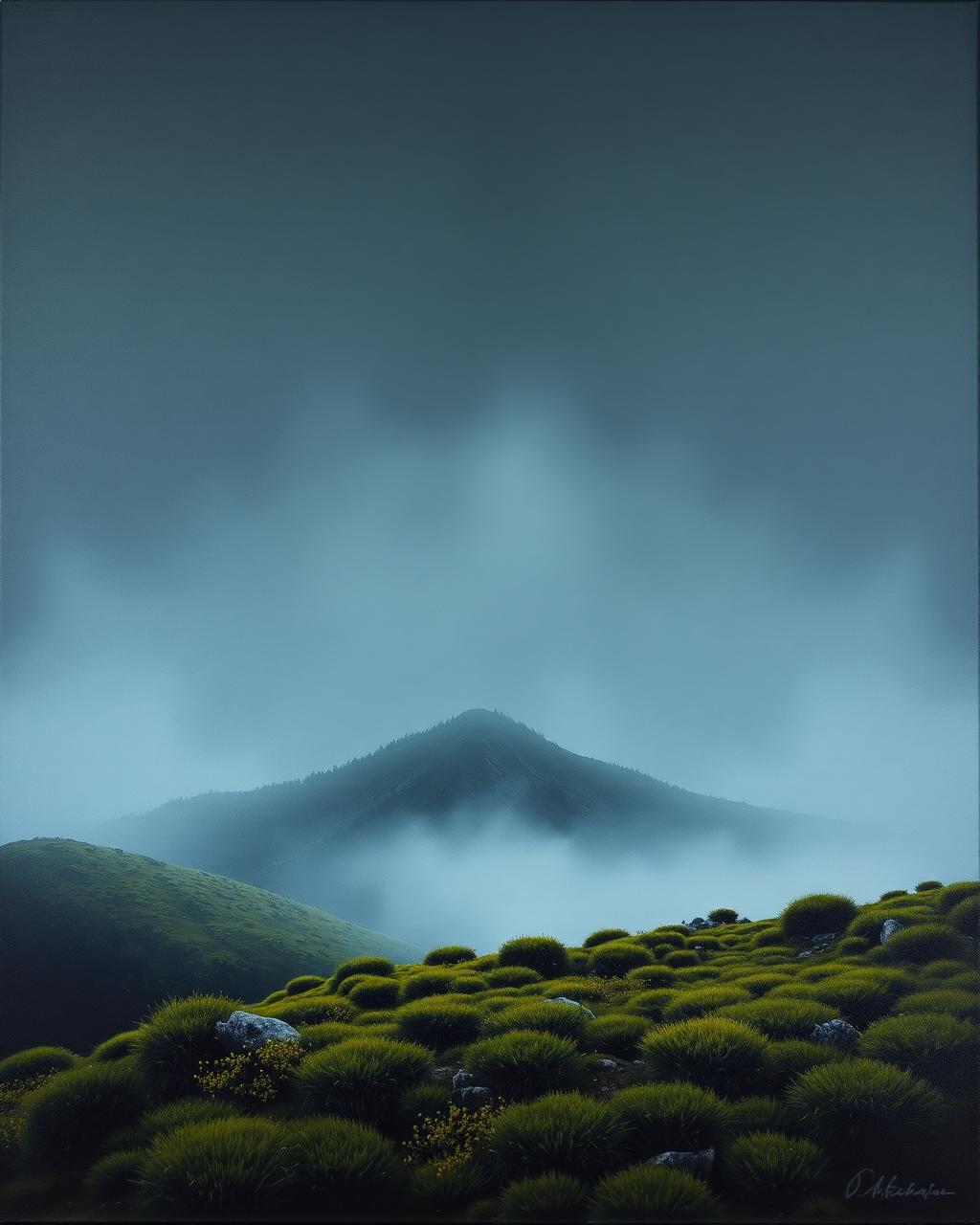 Pintura de un páramo andino con frailejones en la bruma