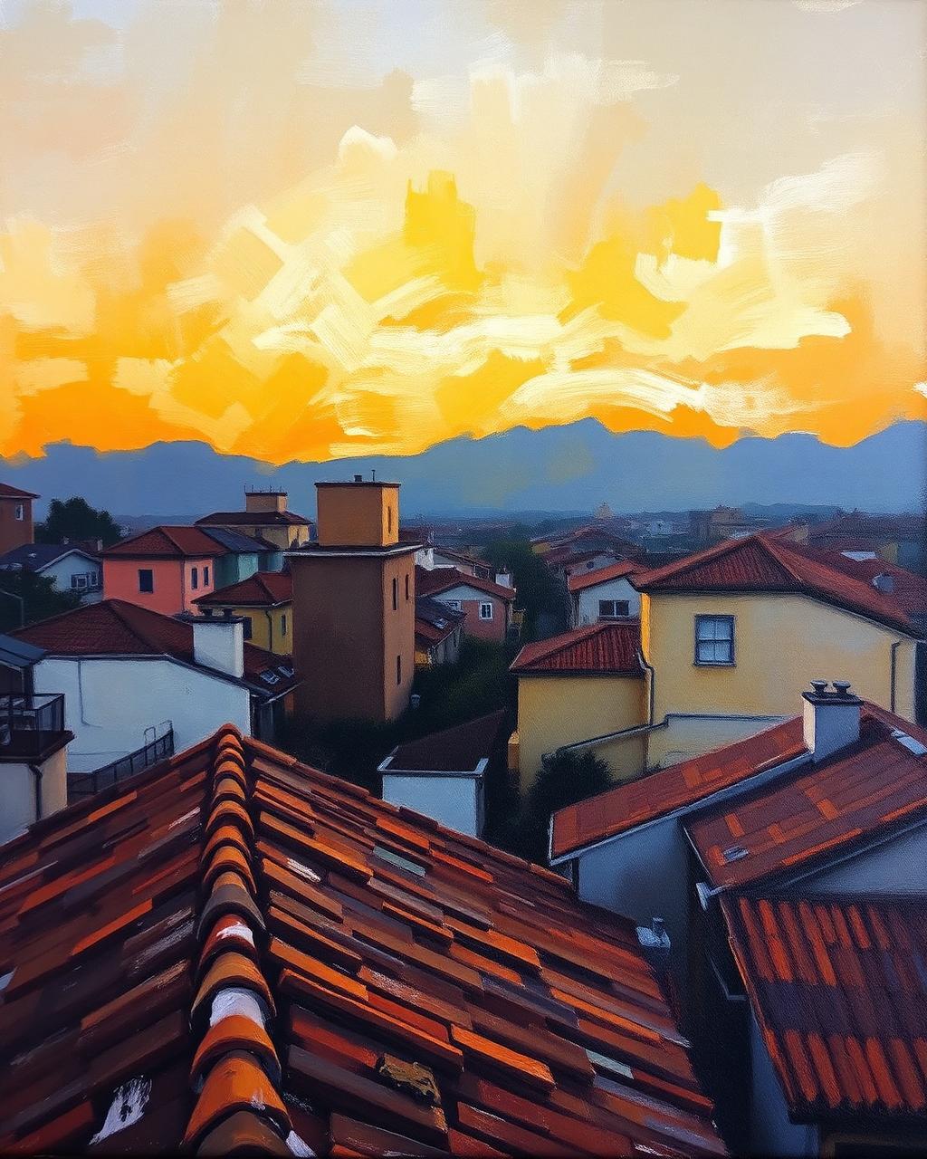 Pintura de tejados de Bogotá al atardecer